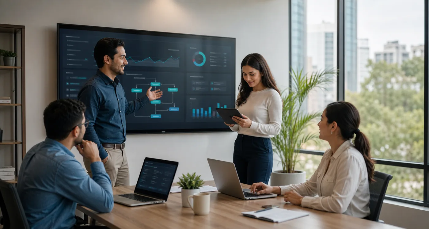 Equipo trabajando de forma eficiente con procesos automatizados y tableros de control