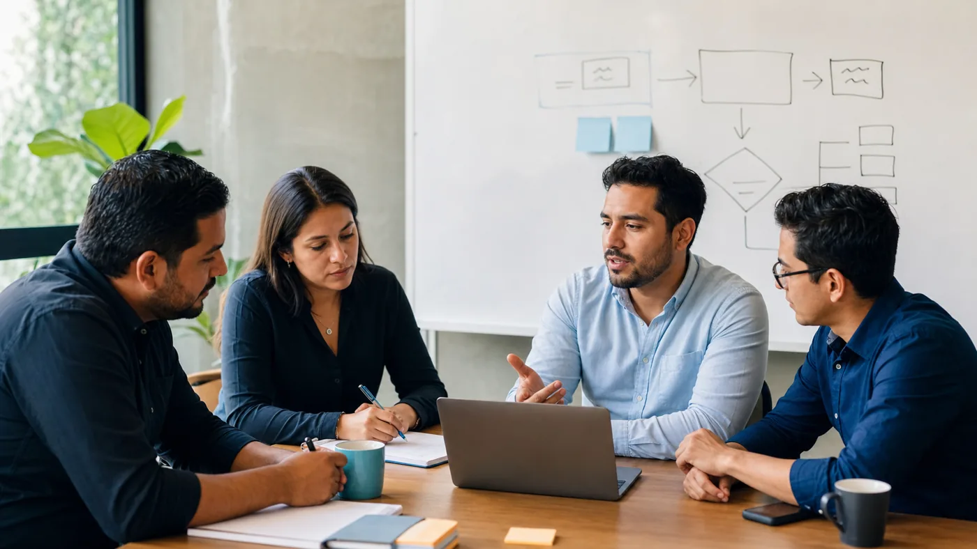 Equipo consultando procesos operativos con un cliente